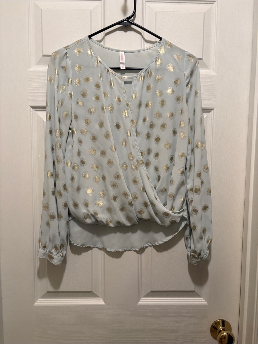 Xhilaration Light Blue Wrap Blouse with Gold Dots